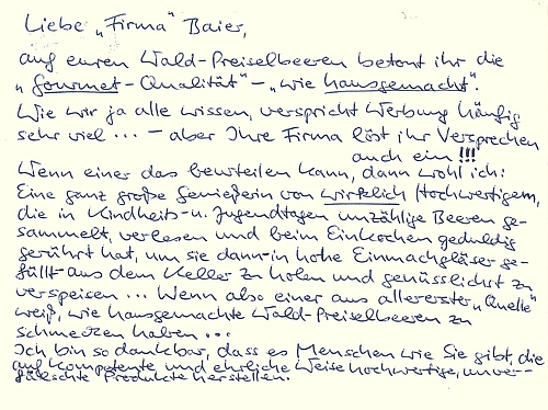 Empfehlungs-Postkarte für Baier Wald-Preiselbeeren Rueckseite
