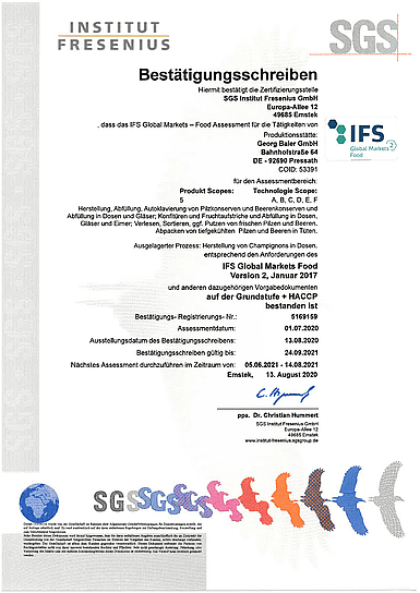 IFS GMF Zertifikat Bestätigung für Baier von SGS / Institut Fresenius • Baier-Qualität